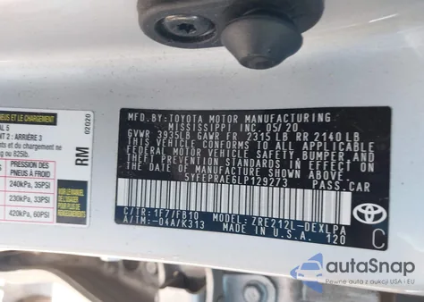 2020 Toyota Corolla Le from USA, damaged, VIN 5YFEPRAE6LP129273